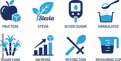 Cuadro en lienzo Set of nutrition and medical related icons featuring fructose stevia blood sugar and various food symbols