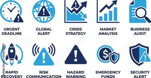 Cuadro en lienzo Urgent deadline emergency fund icons set with global alert hazard warning and security response graphics art