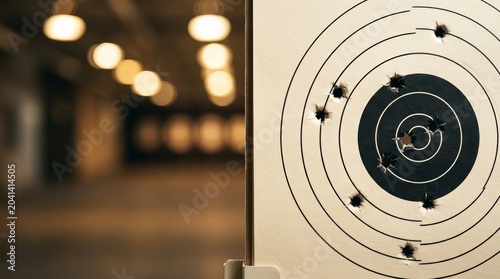 Bullet holes on a paper shooting target inside a professional shooting range facility.