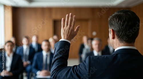 Participants at an annual general meeting voting for corporate transparency.