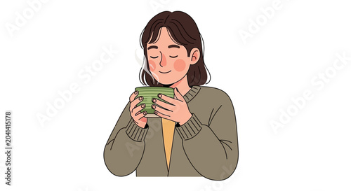 Foto Woman holding and smelling green plant.