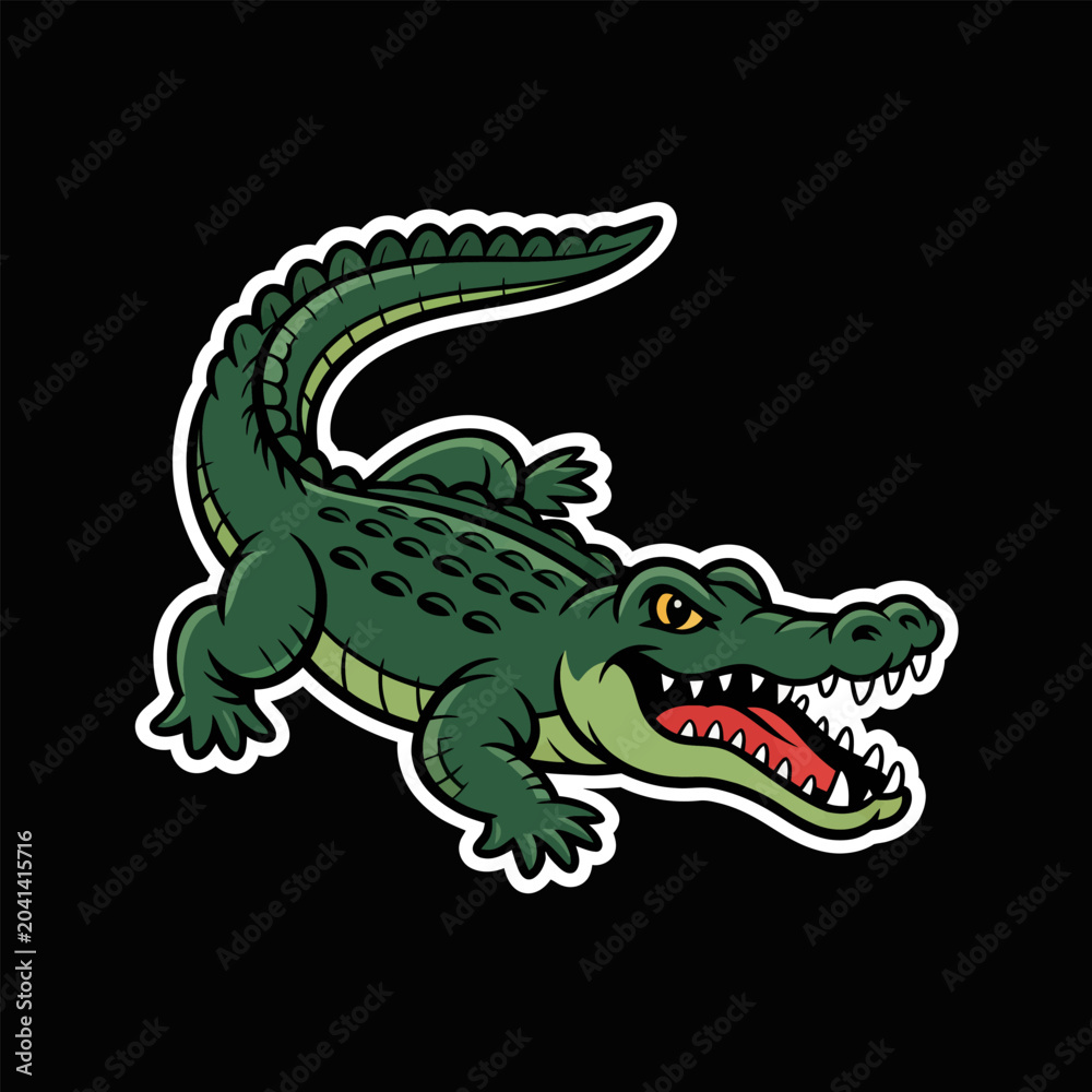 Fototapeta premium Green crocodile with open mouth and sharp teeth jumping forward cartoon animal