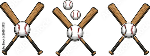 Vector illustration set of crossed baseball bats with centered baseballs in symmetrical sports emblem designs for branding