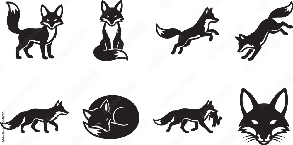 Naklejka premium Black Fox Icons, Vector Fox Silhouettes, Fox Illustrations, Animal Symbols