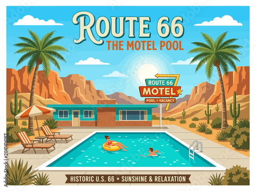 Vintage illustration of a retro motel pool on Route 66 with people swimming and lounging in a desert landscape.