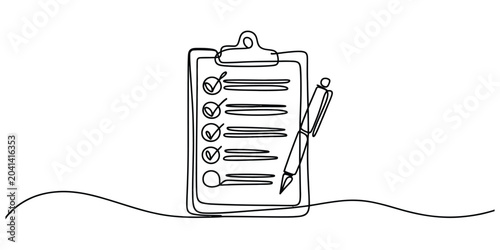 Continuous single line drawing of a clipboard with checklist and pen