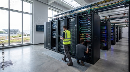 IT technicians maintaining server racks in modern data center facility, cloud computing infrastructure, network administration, hardware repair, cybersecurity