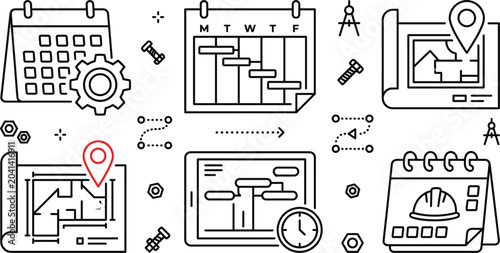 Bilde på lerret Construction project management and architecture timeline line icon set featurin