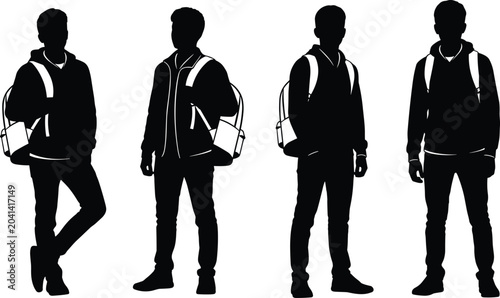 Young men with backpacks silhouettes in casual poses - vector illustration for travel and lifestyle