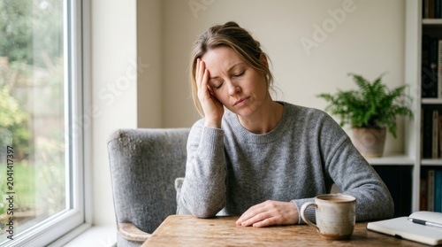 woman sitting at desk looking stressed.