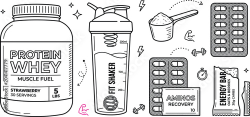 Fotografía Fitness gym nutrition and bodybuilding supplement line icon vector set featuring
