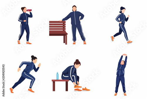 Vector illustration set of a woman in a blue tracksuit performing various outdoor fitness activities, including running, stretching, drinking water, and resting on a bench.