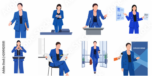Tableau sur toile Successful female leader and professional businesswoman in blue suit performing