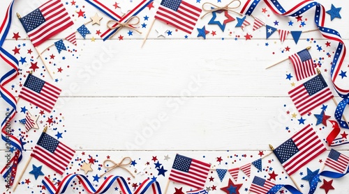American Patriotic Flatlay Background With Flags Ribbons Stars And White Copy Space