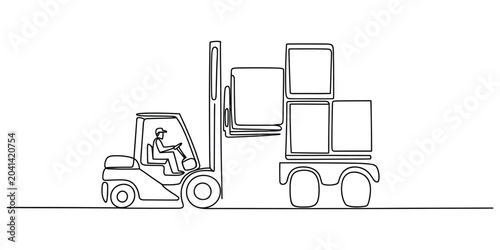 Continuous line drawing of a forklift loading boxes onto a cargo truck trailer