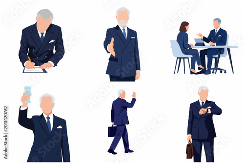 Vector set of professional senior businessman in various poses including signing contract, handshake, business meeting, and checking time, isolated on white background