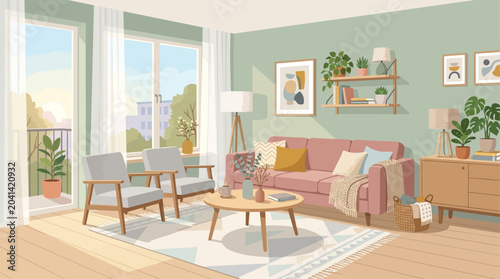 Tableau sur toile Cozy Living Room with Pink Sofa, Armchairs, Plants, and Artwork in a Bright, Air