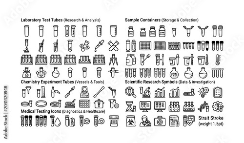Laboratory test tube icon pack with editable stroke black and white vector set