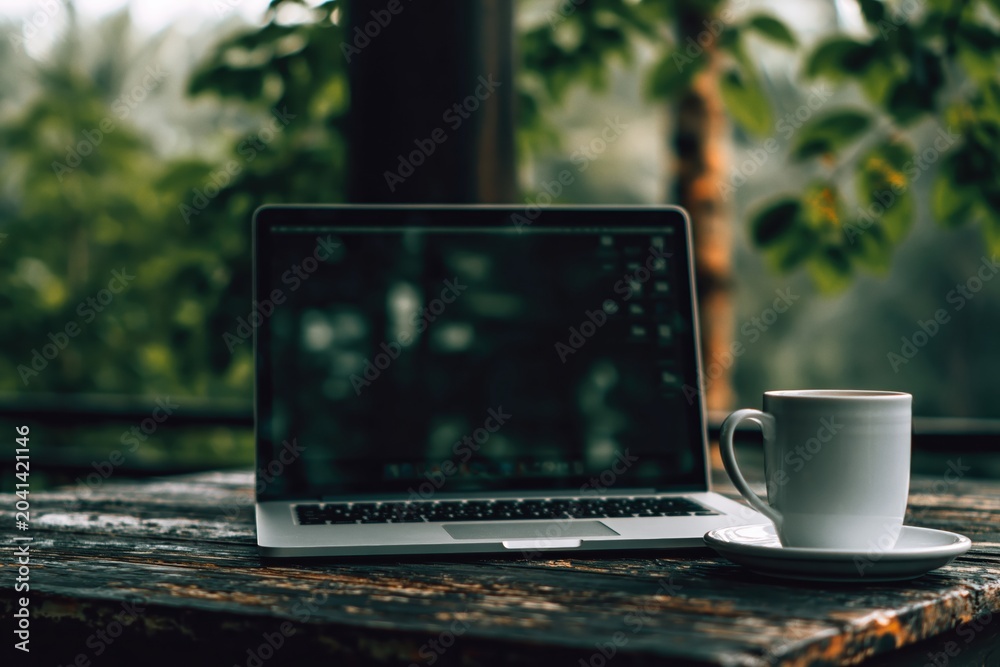Fototapeta premium Laptop computer with coffee cup on weathered wood table in outdoor business setting