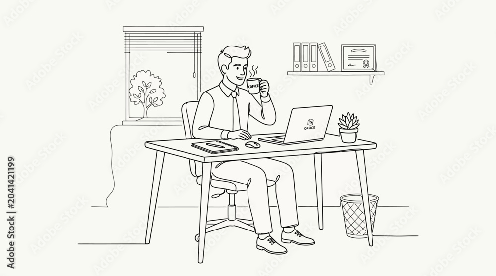 Obraz premium Man working at desk and drinking coffee at home