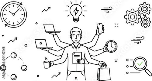 Εκτύπωση καμβά Multitasking businessman vector icon set featuring man with many arms gears cloc