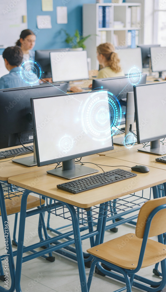 Naklejka premium Modern Smart Classroom with Computers and Artificial Intelligence Technology for Digital Education and Future Learning