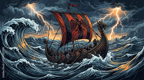 Schilderij op canvas Viking longship bravely navigating treacherous storm-tossed waters under a sky a