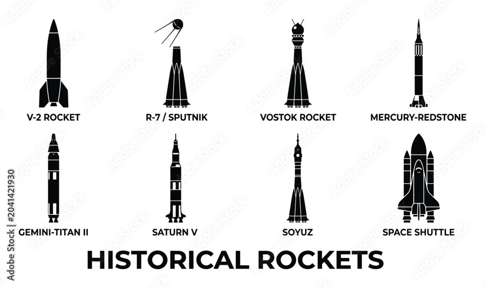 Fototapeta premium Historical rocket silhouettes including V2, Sputnik, Saturn V and Space Shuttle vector graphics.