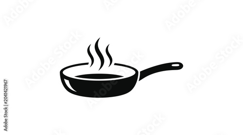 Black frying pan with steam rising.
