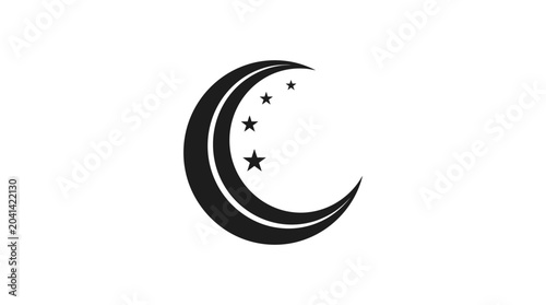 Black crescent moon with stars symbol.