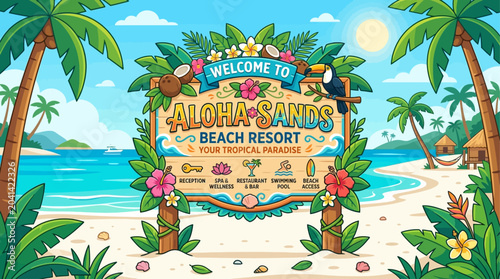 Photos Vibrant tropical beach resort welcome sign with lush palm trees, sandy shores, a