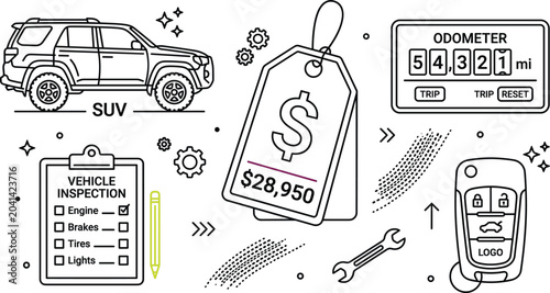 Photography Used car dealership and automotive valuation vector line icon set with suv price