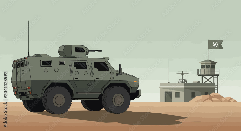 Fototapeta premium Armored Military Vehicle at Base, Pixel Art