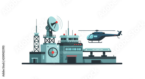 Airbase Illustration with Helicopter and Radar Station