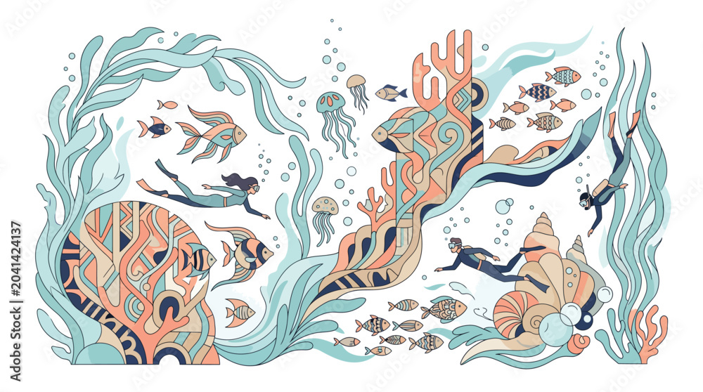 Obraz premium Underwater scene with scuba divers, tropical fish, jellyfish, coral reef and seaweed