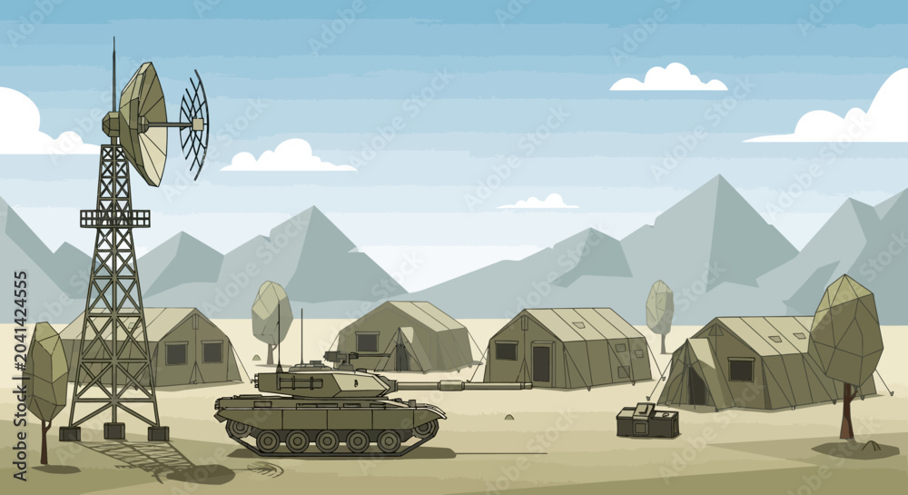 Naklejka premium Cartoon military base camp scene with tank, tents, and windmill