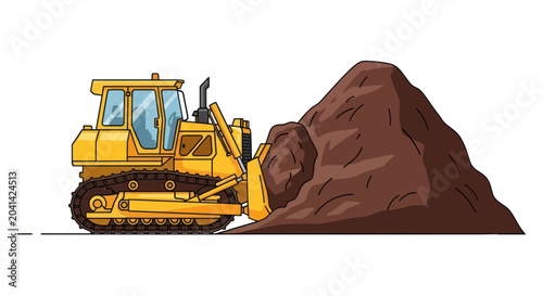 Fotografi Bulldozer pushing brown dirt pile.