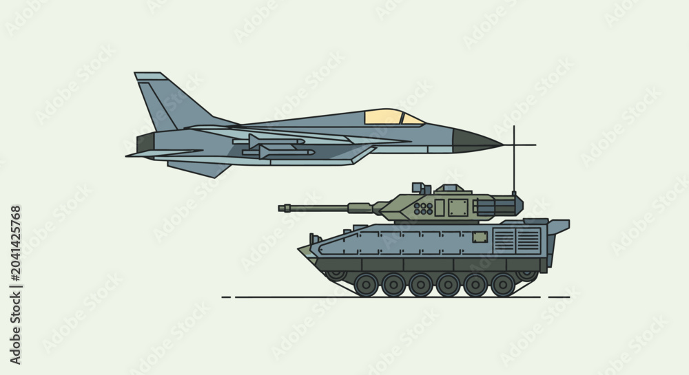 Fototapeta premium Military aircraft and armored tank illustration against beige background.