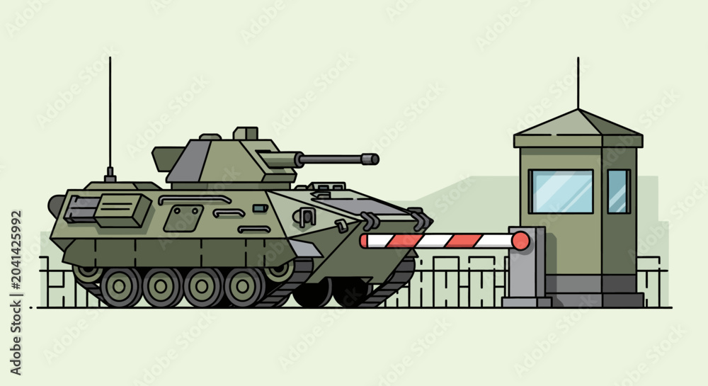 Obraz premium Military Armored Tank at Checkpoint: Vector Illustration