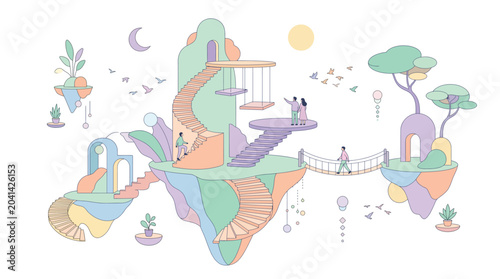 Surreal floating islands with stairs, architecture, and people in a minimalist vector illustration