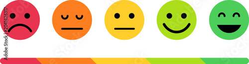 Foto Five colorful emotion rating scale icons from sad to happy isolated on transpare
