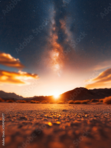 Stunning sunset over desert landscape with the Milky Way visible in the night sky. Orange and red hues dominate the scene