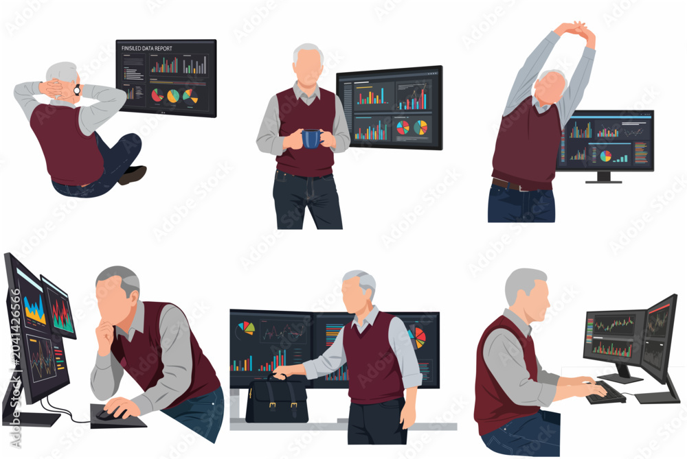 Fototapeta premium Professional senior businessman or data analyst working with financial charts and digital dashboards in a flat vector illustration style
