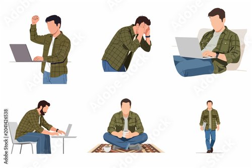Konstfotografi Set of faceless man illustrations performing various activities like working on