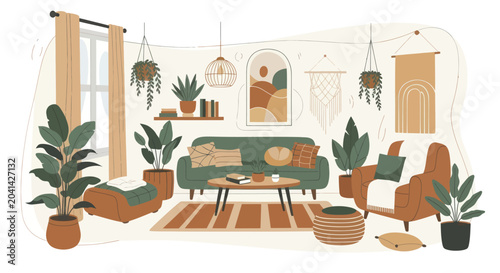 Photos Cozy living room interior with comfortable furniture and abundant houseplants
