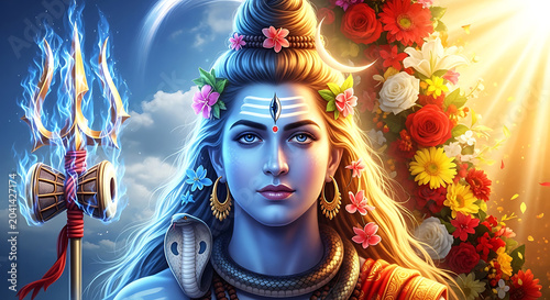 Divine portrait of lord shiva with trishula and floral adornments