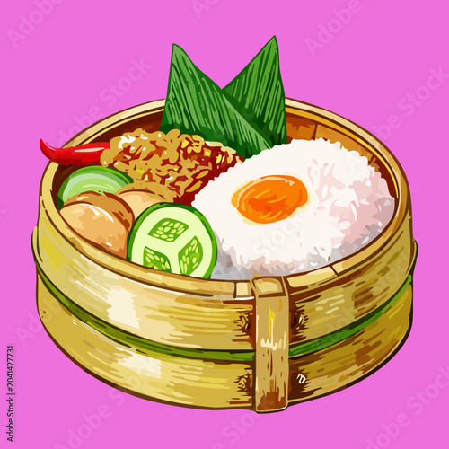 Delicious local aromatic rice dish layered nicely with fresh herbs inside vibrant colorful - Vector Illustration