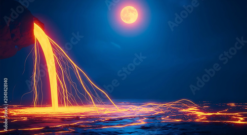 Lava flowing into a dark volcanic landscape under a full moon