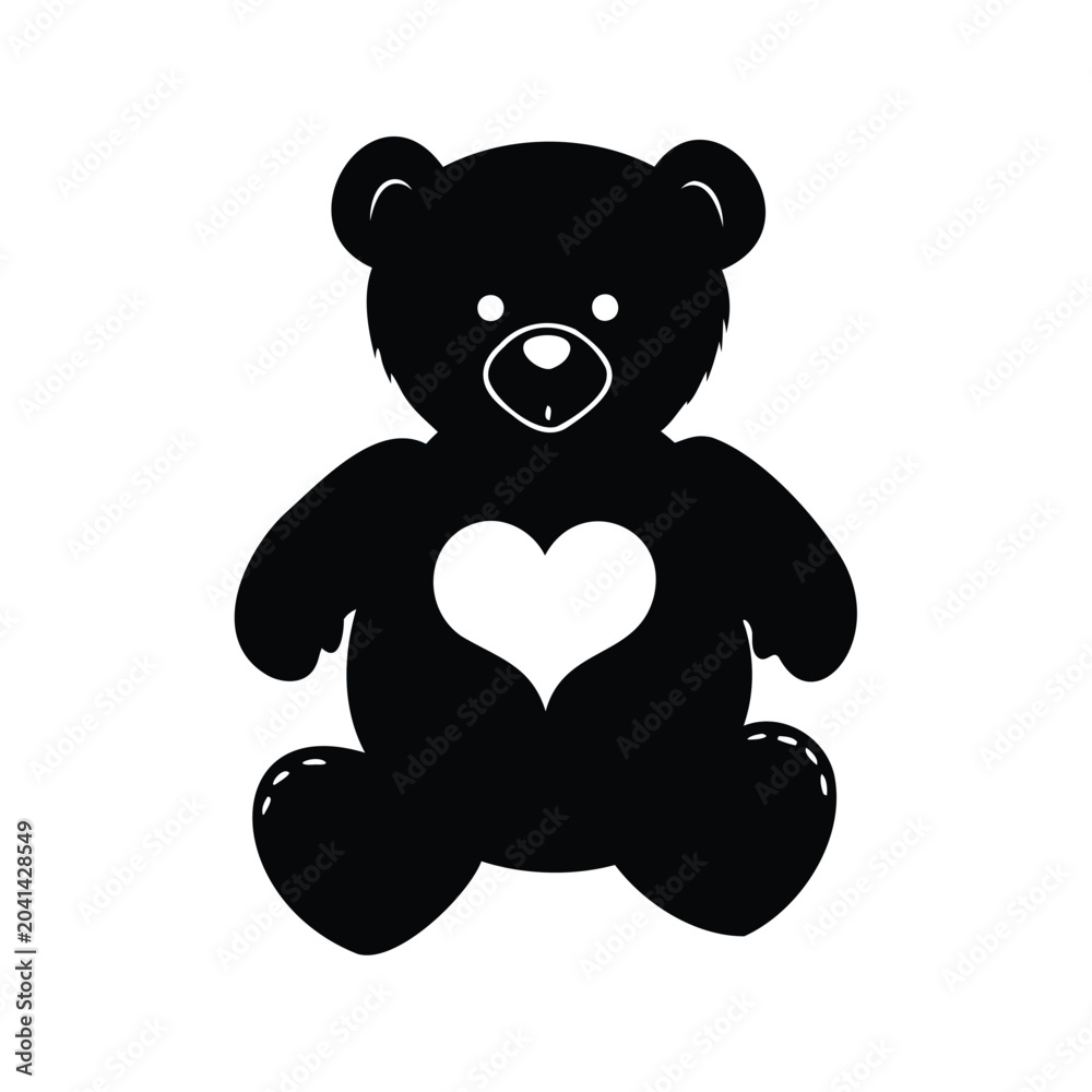 Fototapeta premium Cute teddy bear with heart silhouette vector illustration design, teddy bear holding heart silhouette vector illustration
