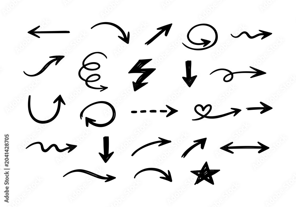 Fototapeta premium Dynamic collection of hand-drawn doodle arrows. Diverse styles and directions for visual communication and creative design